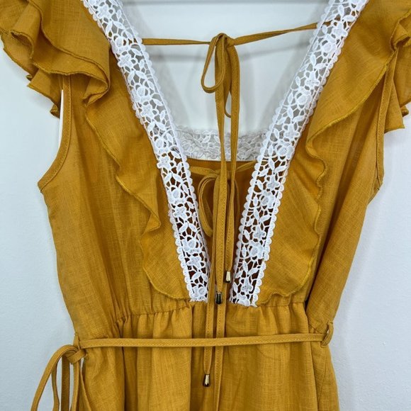 NWT Simplee Golden Yellow Crochet Lace Trim Romper - Tie Back - Linen - Medium - Picture 11 of 14
